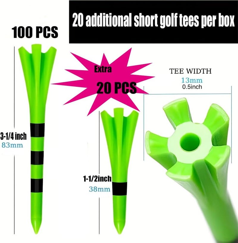 SWINGTEK 120 Pack Plastic Golf Tees,Contain 100 pcs 3-1/4 Inch Unbreakable Long Tees and 20 Short Tees,Mixed Color,Frictional Resistance Reduction - Image 2